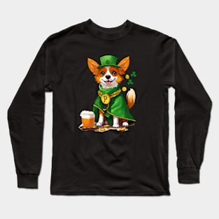 "Corgi in St. Patrick's Day costume with gold coins and clover." Long Sleeve T-Shirt